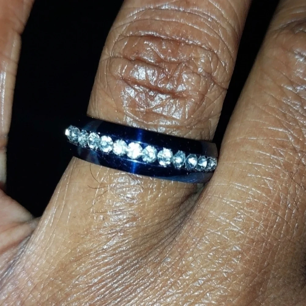 Elegant Stainless  steel Blue Crystal Unisex Ring Sz 8